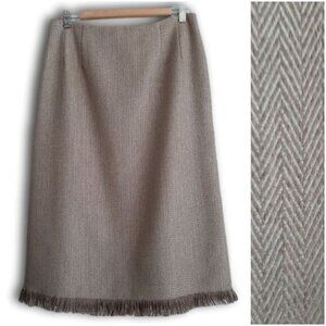 HARVÉ BENARD 100% Wool Herringbone Pencil Midi Skirt Fringe Hem Cream Tan Sz 12